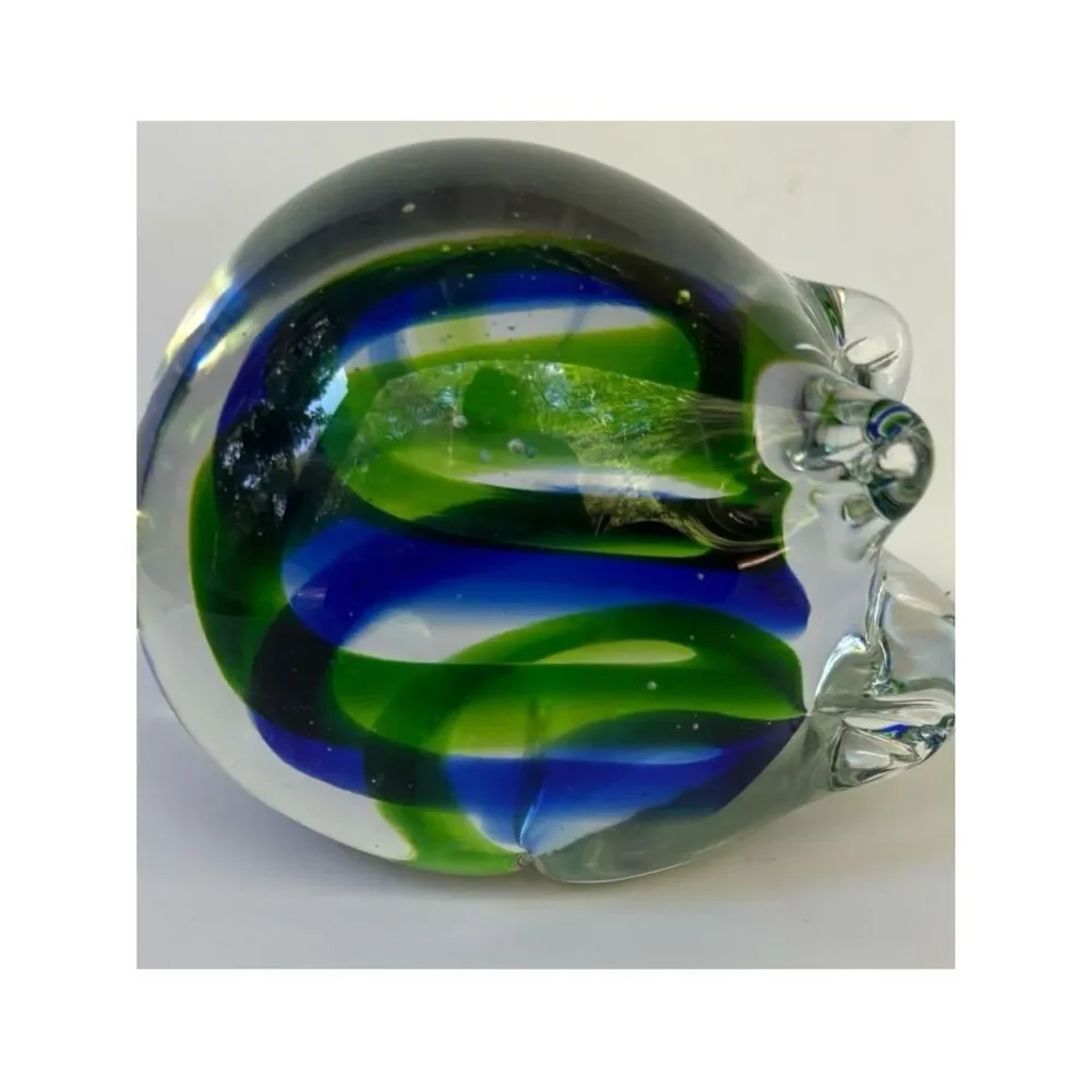 Vintage Murano Glass Pig Paperweight with Blue and Green Ribbon Motif